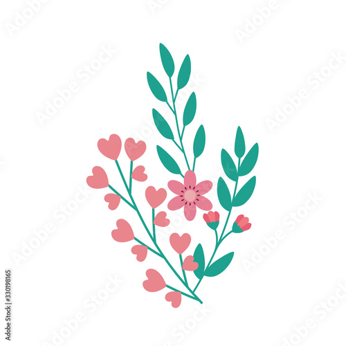 cute flower pink with branch and leafs vector illustration design
