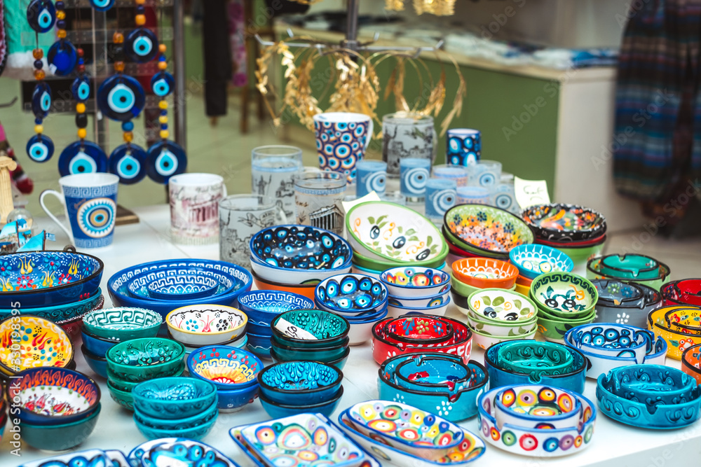 Colorful gift and souvenir shops in the historic center of Athens, Greece.