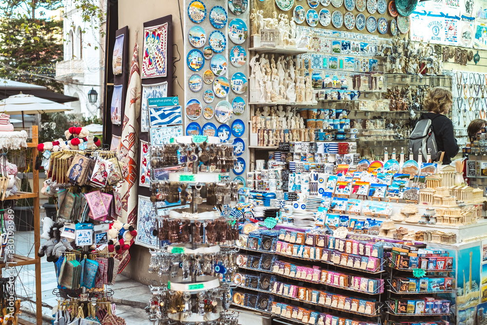 Colorful gift and souvenir shops in the historic center of Athens, Greece.
