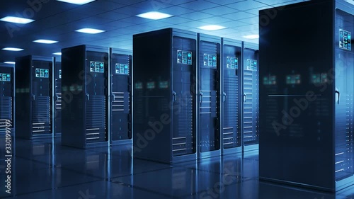 Countless modern server cabinets in a render farm. Dark, futuristic room. 4KHD