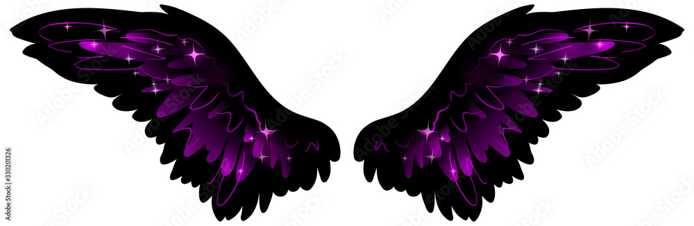 Fototapeta premium Beautiful magic black purple glowing shiny wings, vector