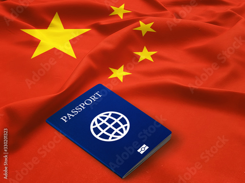 Canvas Print passport on the top of an satin Chinese flag,Travelling to China, immigration or