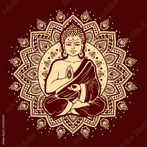 Vintage vector illustration of meditating Buddha and mandala
