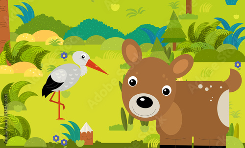 cartoon scene with different european animals in the forest illustration