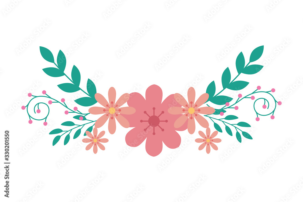 cute flowers pink with branches and leafs vector illustration design