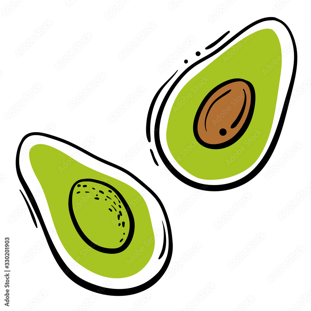 Avocado halves. Colorful sketch of vegetables isolated on white background. Doodle hand drawn vegetables. Vector illustration Avocado halves. Colorful sketch of vegetables isolated on white background. Doodle hand drawn vegetables. Vector illustration