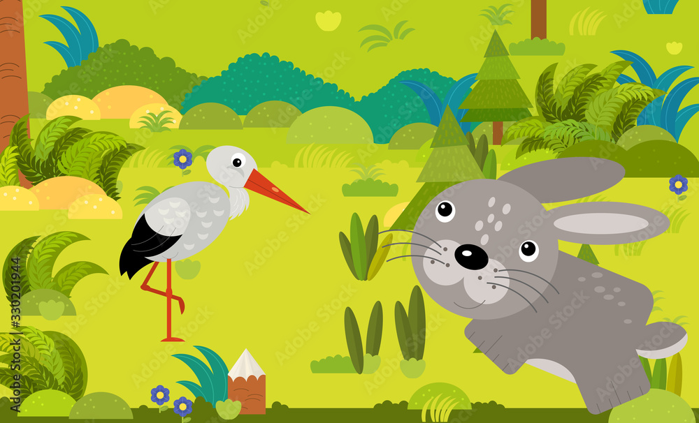 cartoon scene with different european animals in the forest illustration