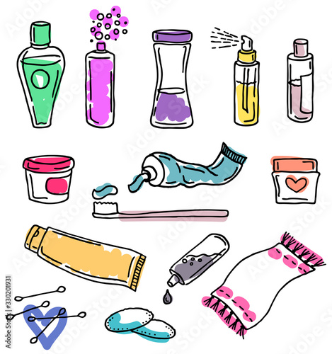 Morning and evening cleansing routine, set of bottles with cosmetics, color hand drawn vector illustration