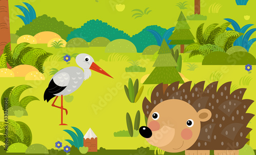 cartoon scene with different european animals in the forest illustration