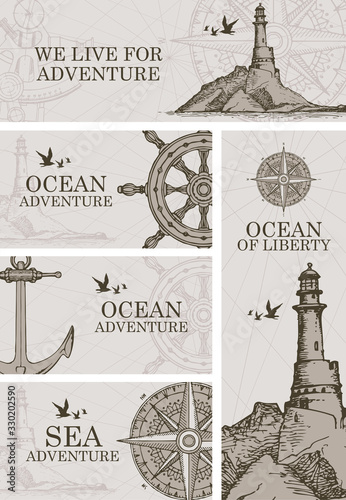 Set of vector banners on the theme of sea and ocean adventure with hand-drawn lighthouses, wind roses, old steering wheels and inscriptions in retro style.
