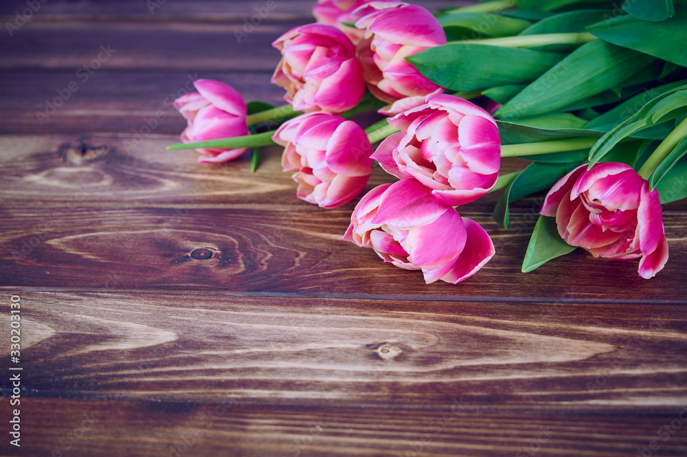 pink double tulip flowers on wooden background