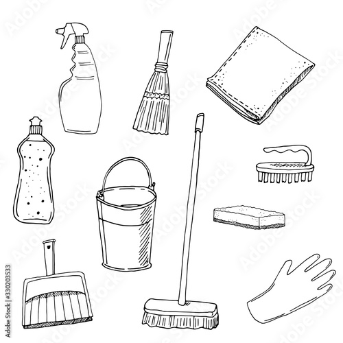 Vector digital illustration, , cartoon style. Mop, dustpan, broom, cleaner, brush, sponge, rag, bucket.