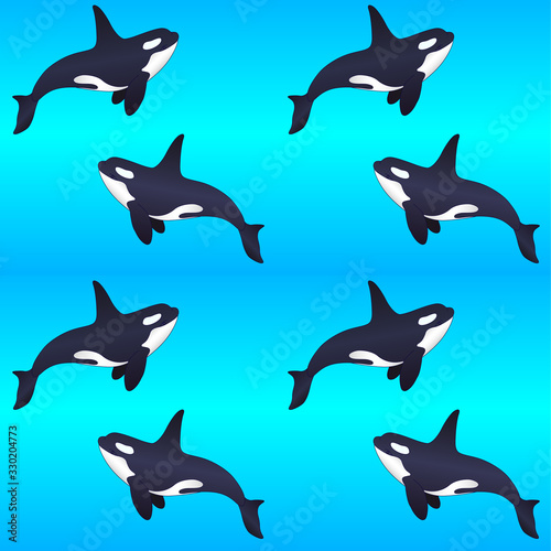 Killer whales on a blue gradient background - vector seamless marine pattern. Swimming orca seamless pattern with marine mammals. Underwater life