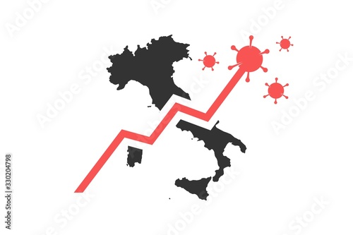 Italy map with a virus microbe. Bacteria growing chart. Illness and disease outbreak in Italia. Vector illustration isolated on white.