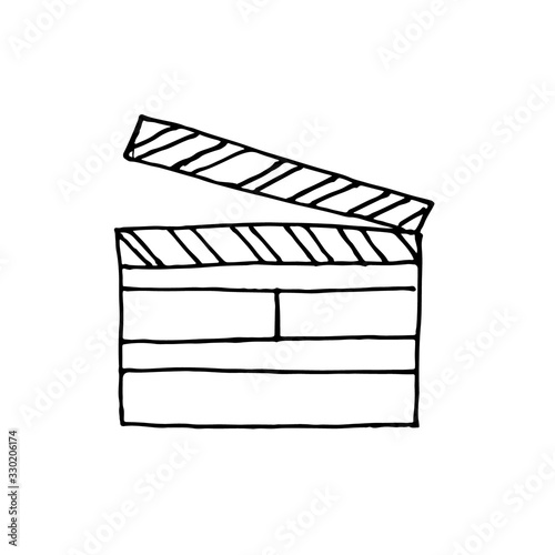 Single clapper board isolated on white background. Simple hand drawn vector illustration in cartoon doodle style