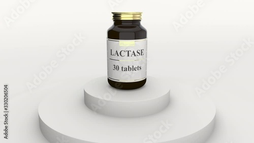Medicine glass bottle with generic lactase tablets and fictional logo. Healthy lifestyle supplements or pharmaceutical industry related 3D animation