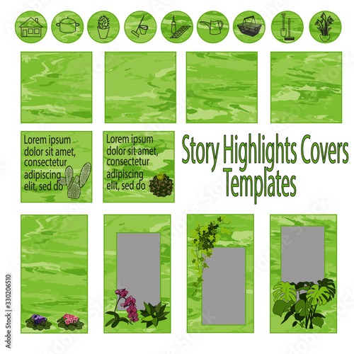 Set of light green story highlights covers and templates for bloggers.  For best decoration of your texts and photos. Suitable for housewife and plant lover.