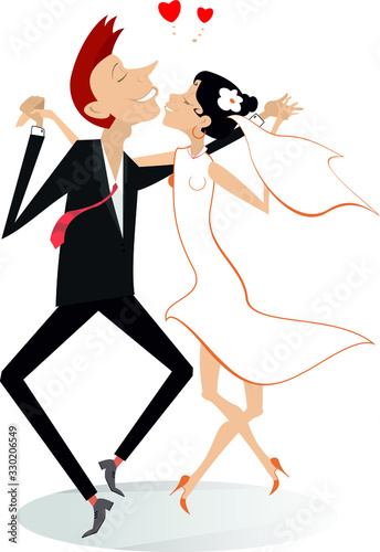 Dancing married wedding couple illustration. Heart symbol and dancing happy man and woman in the white dress and isolated on white