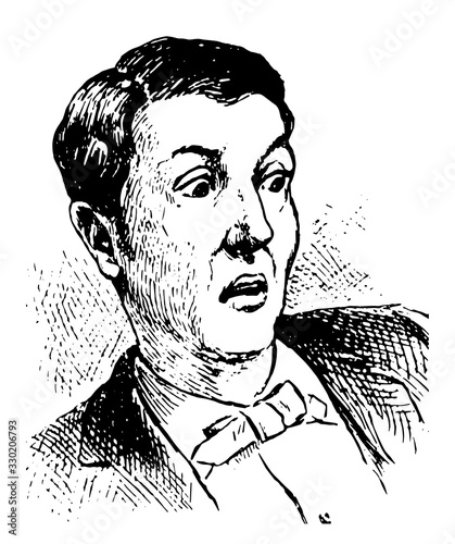 A Frightened Man expressing fear wearing bow tie, vintage engraving.