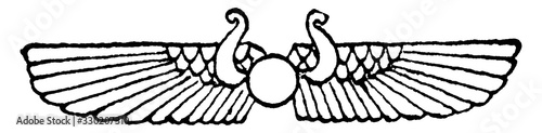 Winged-Globe Design consisting of a small ball on the sides of which are two asps with extended wings, vintage engraving.