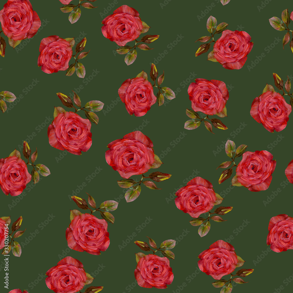 Oil painting. Seamless pattern of various red flowers of roses and rose leaves on a green background