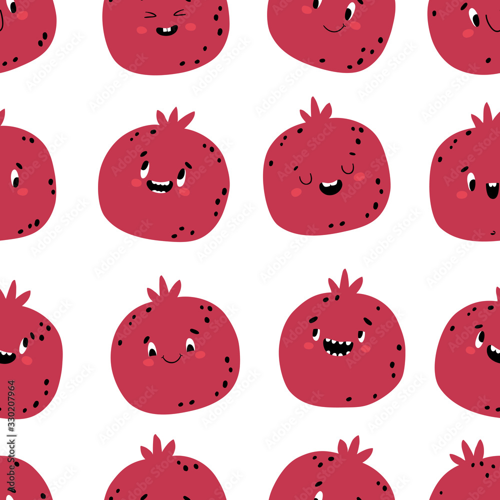Fototapeta premium Pomegranate seamless pattern. Funny characters with happy faces. Vector cartoon illustration in simple hand drawn scandinavian style. Ideal for printing baby products.