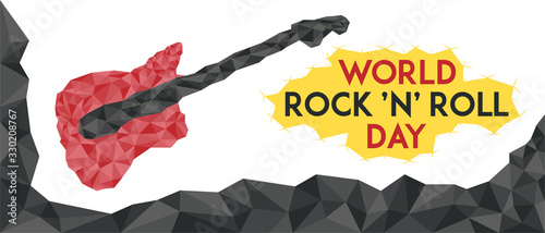Vector banner on the theme of World Rock 'n' Roll Day. Guitar silhouette in low poly style. Bright, cast colors, red, yellow, black. Copyspace.