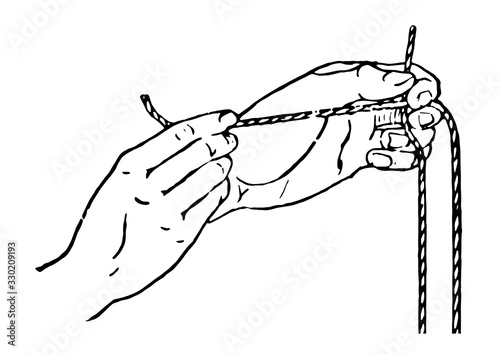 Hands tying knots with string, vintage engraving.