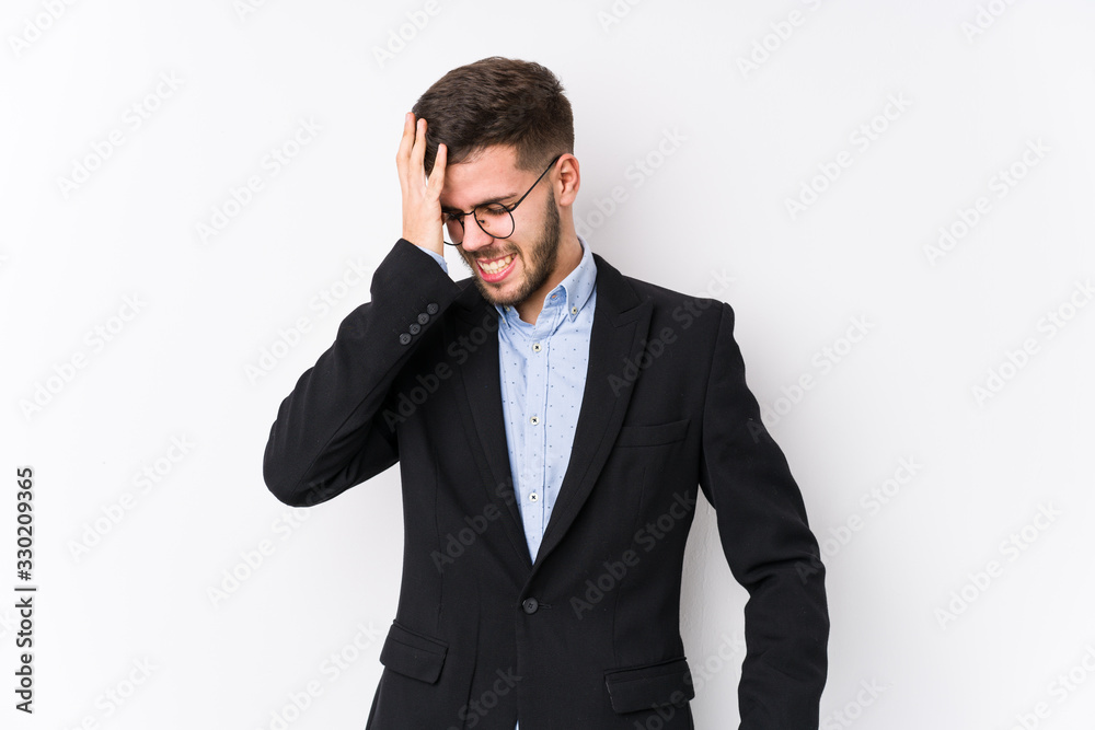 Young caucasian business man posing in a white background isolated Young caucasian business man forgetting something, slapping forehead with palm and closing eyes. Young caucasian business man posing in a white background isolated Young caucasian business man forgetting something, slapping forehead with palm and closing eyes.