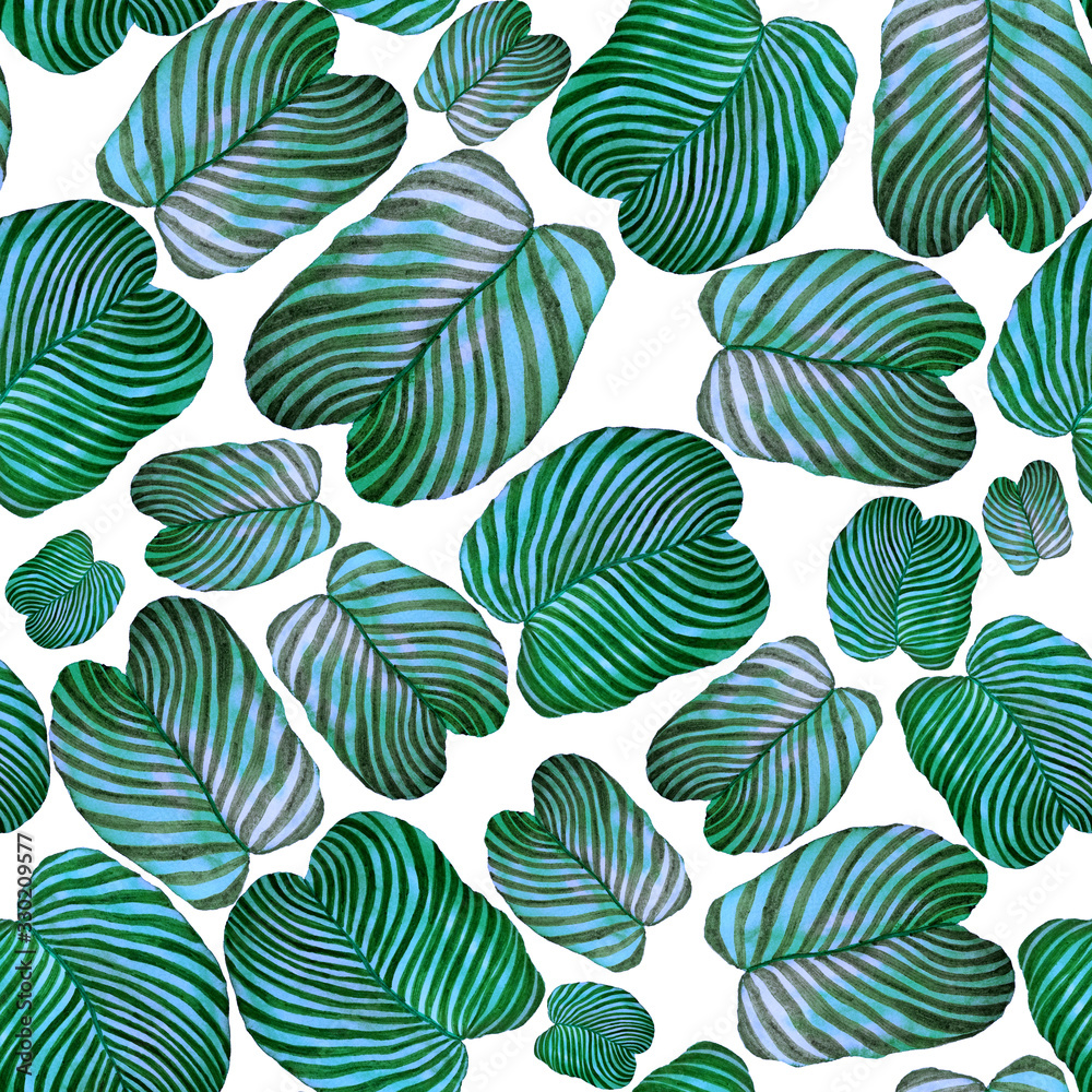 Modern abstract seamless pattern with watercolor tropical leaves for textile design. Retro bright summer background. Jungle foliage illustration. Swimwear botanical design. Vintage exotic print.