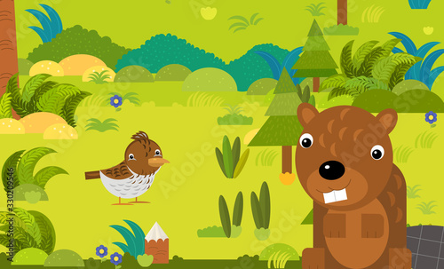 cartoon scene with different european animals in the forest illustration