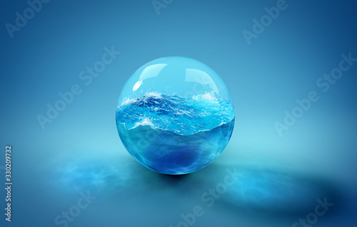 Beautiful background with a ball of water, sea and ocean. 3d illustration, 3d...