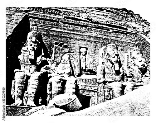 Thebes have Figures sculptured in one of the tombs, vintage engraving.