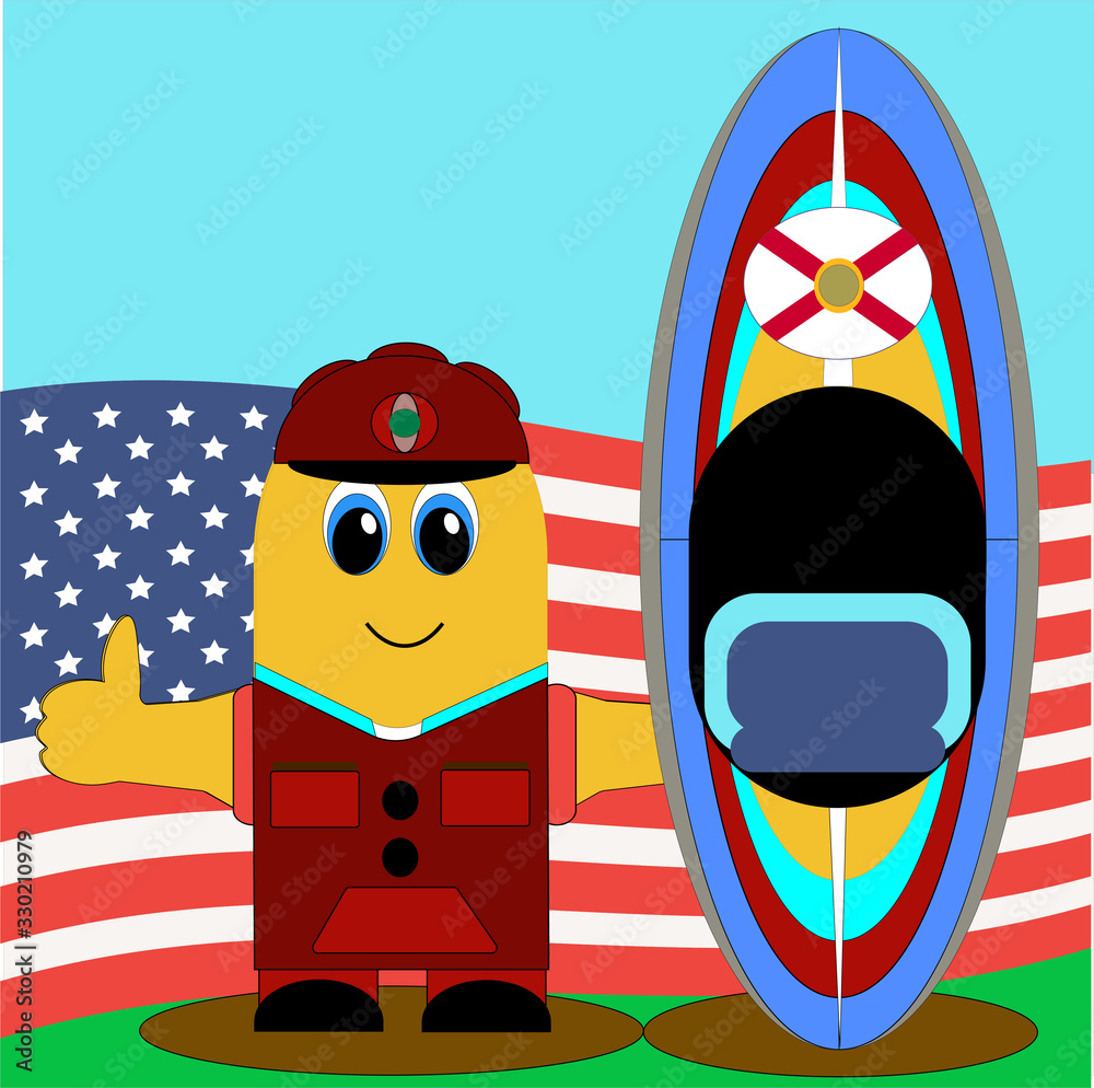 Fototapeta premium Illustration of a funny cartoon man inviting everyone to visit America can be used in the design of the envelopes of notebooks, albums, packaging and tourism booklets as a background, and the basics
