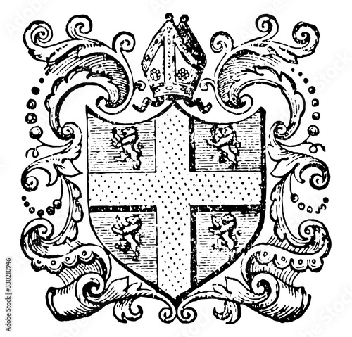 Bishopric, ecclesiastical books and documents,  vintage engraving.