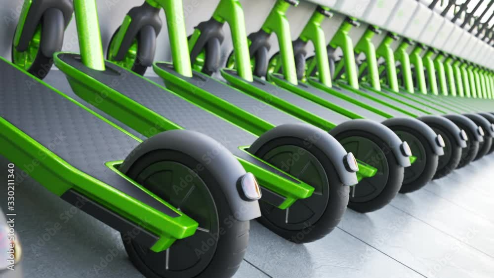 Countless green electric scooters charging using photovoltaic energy charger. 4K