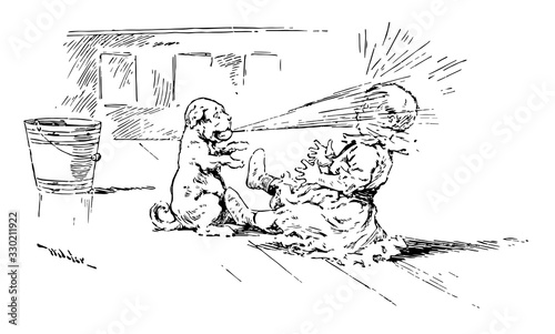 Fetch playing with A dog and baby, vintage engraving.