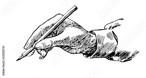 Hand writing with pencil, vintage engraving.