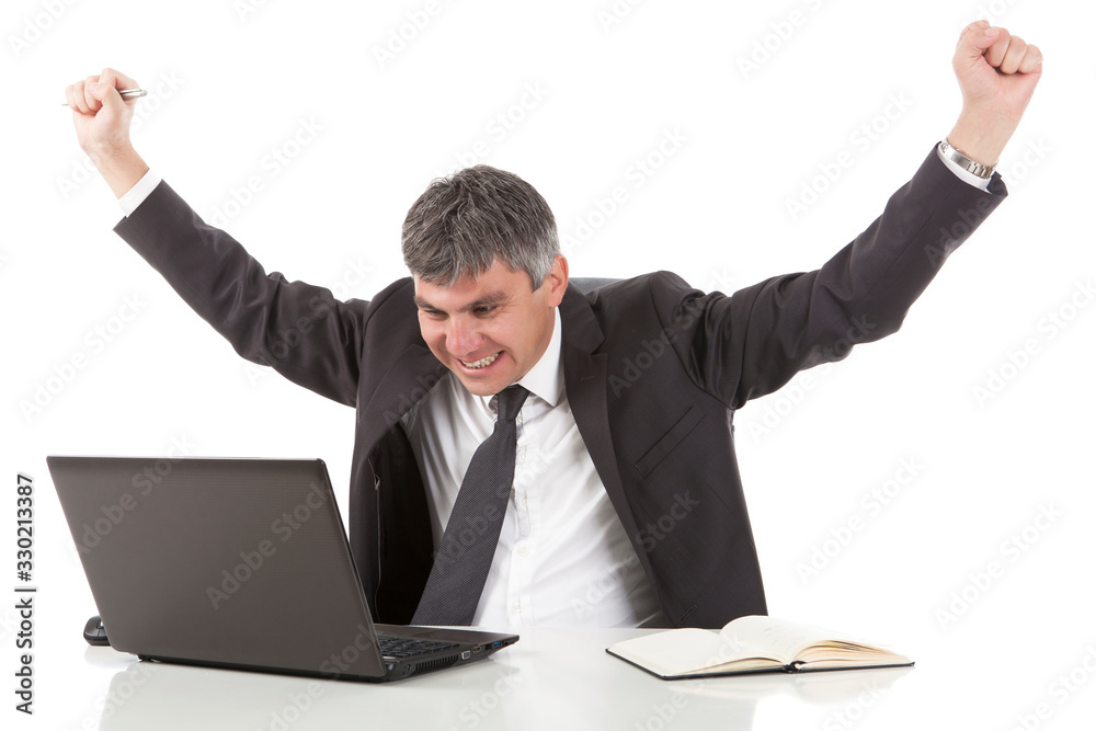 Gray haired businessman exulting in front of the laptop Gray haired businessman exulting in front of the laptop
