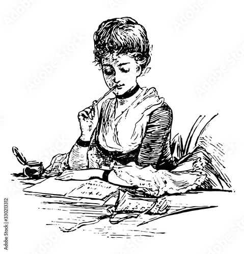Letter Writing or write a letter, vintage engraving.