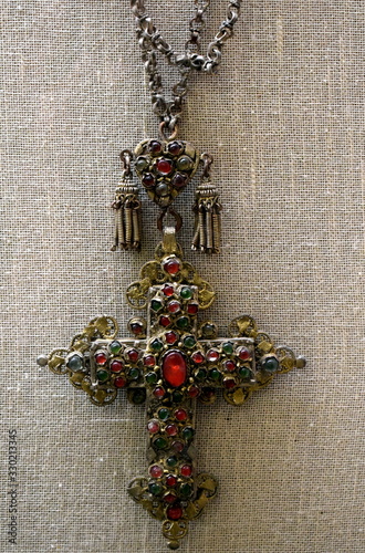 Title: old antique Greek necklace on black background - 19th cenuary