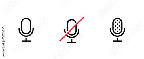 Set of three microphone icons. Media sound symbols for website. Editable line vector.