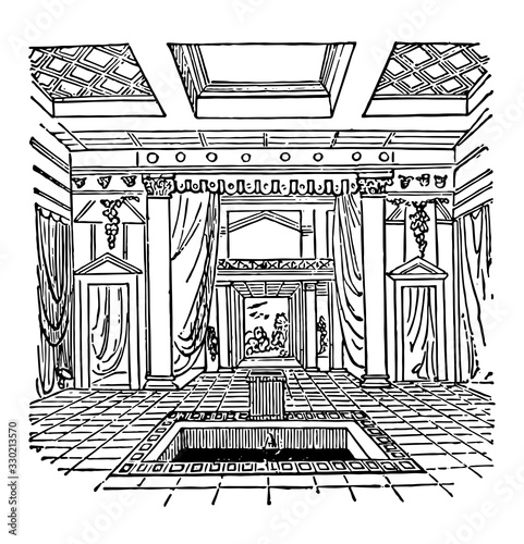 Impluvium, Part of ancient Roman architecture, vintage engraving. photo