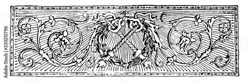 Decorative Divider are decorated with flaming torches in this image, vintage engraving.