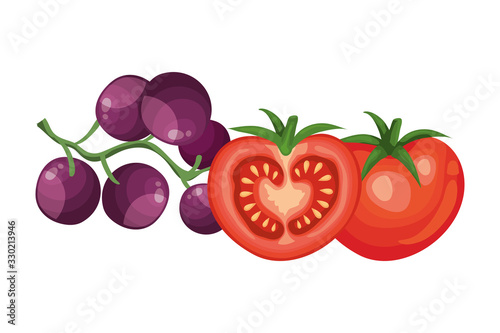 fresh tomatoes with grapes isolated icons vector illustration design