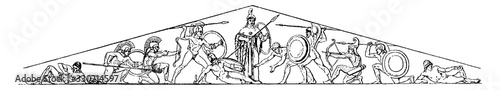Temple of Aegina, The western pediment, vintage engraving.