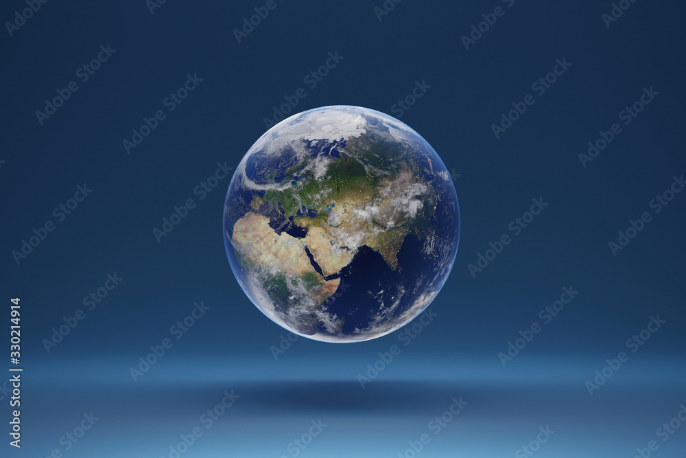3D Planet Earth on blue studio background. Realistic globe with clouds. Europe Asia and Africa view. 3D render illustration . Elements of this image by NASA 3D Planet Earth on blue studio background. Realistic globe with clouds. Europe Asia and Africa view. 3D render illustration . Elements of this image by NASA