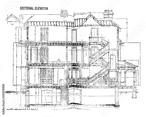 Sectional Elevation is a house, vintage engraving.