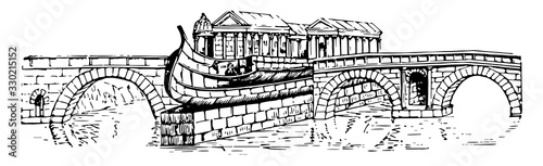 Pons Cestius, the passage-way in a roman bridge, its  was commonly narrow, vintage engraving.