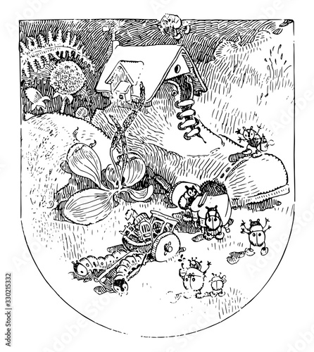 A boot turned in to a home by small insects, vintage illustration